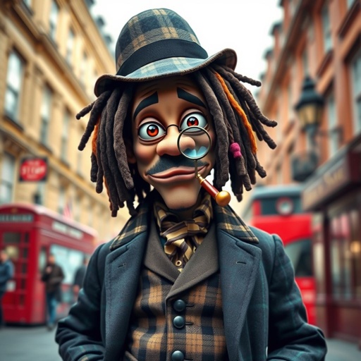 Create a funny character similar to Sherlock Holmes, but make him of black decent and with dread locks. Show his whole outfit including his shoes.