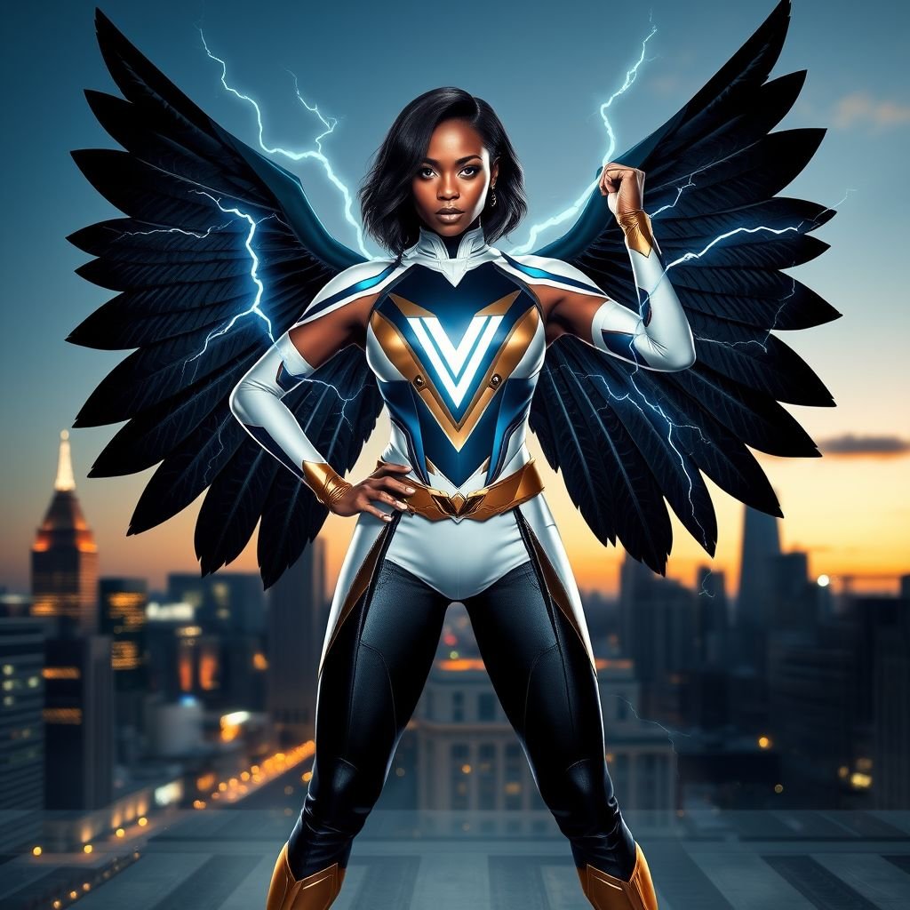 African American female superhero with shoulder length hair in a side part style and wings made of white lightning wearing a slightly homemade  white blue and black suit with black pants with a stylized V as her chest emblem wearing blue flat boots made of gold standing in Philadelphia at dusk