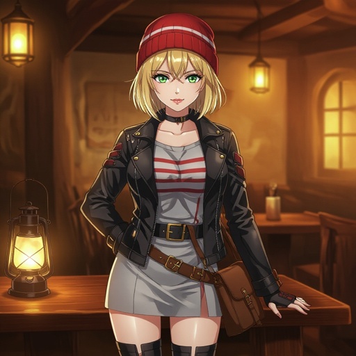 A semi-realistic cinematic portrait of a confident young woman standing in a warmly lit tavern that doubles as a traveler’s rest stop. She has a short blonde bob, green eyes, and wears a red beanie with a thin horizontal white stripe. Her outfit combines style and function: a light gray mini-dress with subtle red and white vertical stripes, reinforced seams, and a sleek black belt with a gold buckle. Over it, she wears a black leather jacket with quilted shoulders and faint crimson stitching, fitted comfortably and zipped partway. Her tall black boots have metal clasps and laced panels, built for travel yet stylish. A compact brown satchel hangs at her side, and faint reflections of lantern light glint off metal accents on her belt and gloves. The background glows with warm amber tones and the hint of travel gear behind the bar, evoking the atmosphere of a modern wanderer ready for her next journey. 
