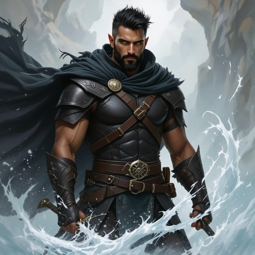 Black elf man in his early thirties with short black hair and black beard with brown eyes with wind abilities 