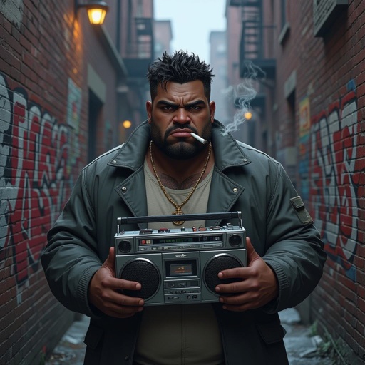 Create a kinda dark skin funny fat guy who isnt friendly from New York  has a boom box radio and is a stoner 