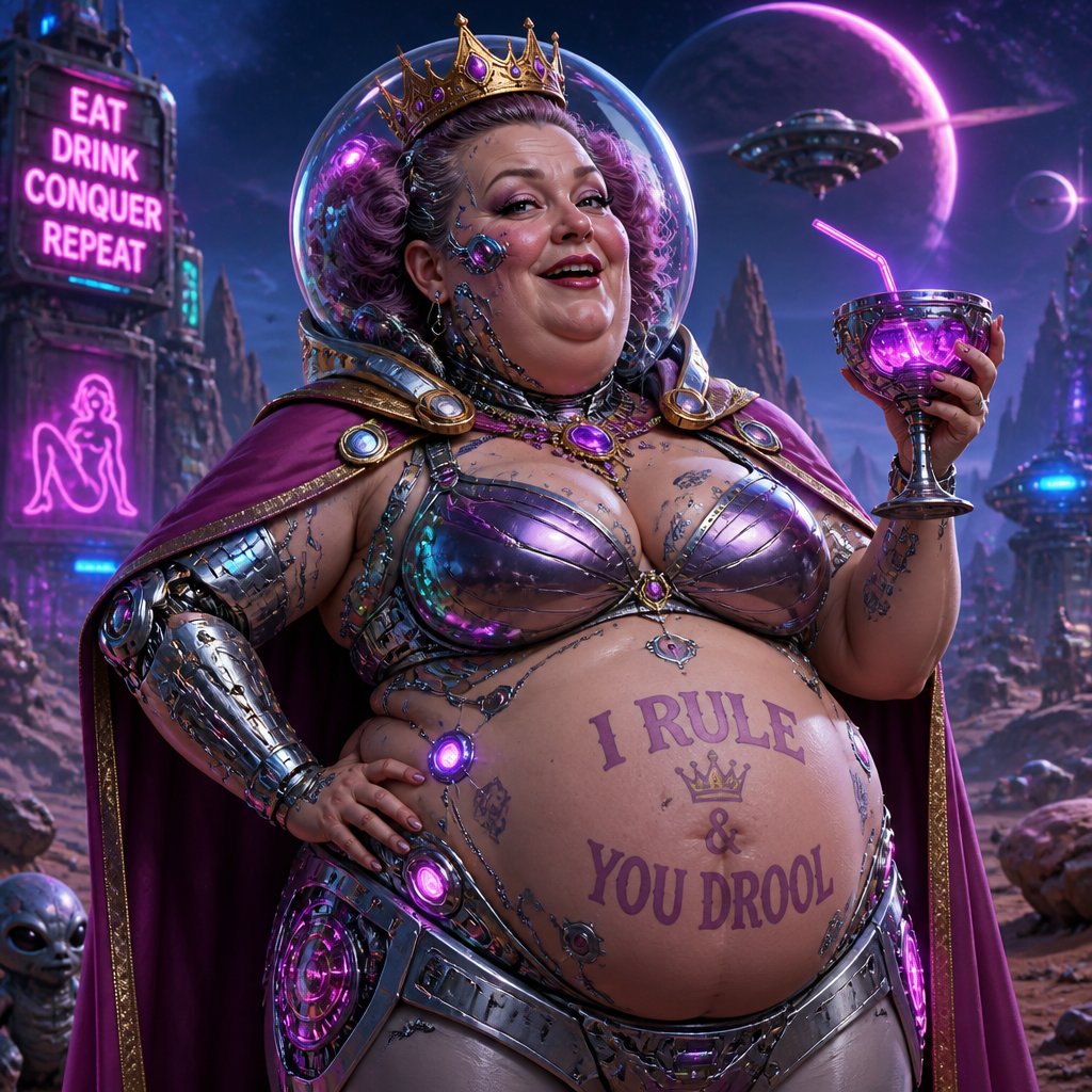 Create funny adult fat woman with crown