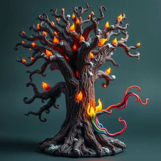 Give me a image of a tree showing power of shadow, fire, frost and mind control 