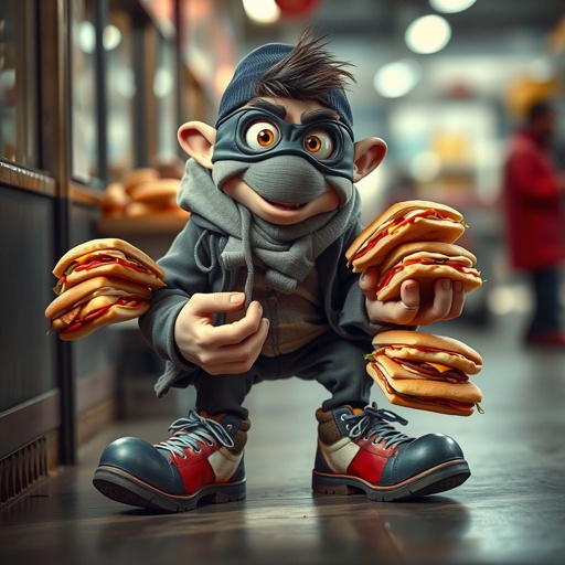 Create a funny looking clumsy thief with funny shoes on. Make him have on the bandit black thing around his eyes. And wanted for stealing sandwiches