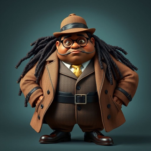 Create a funny serious fat character similar to Sherlock Holmes, but make him of black decent and with dread locks. Show his whole outfit including his shoes.