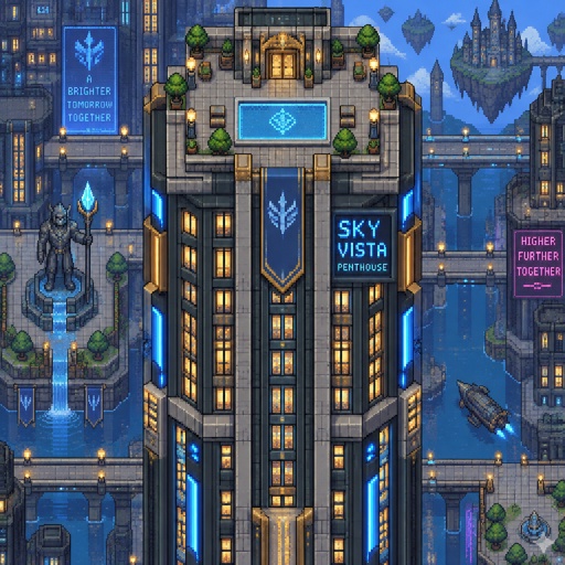 Pent house full building, for a futuristic fantasy city game, exterior, top down style