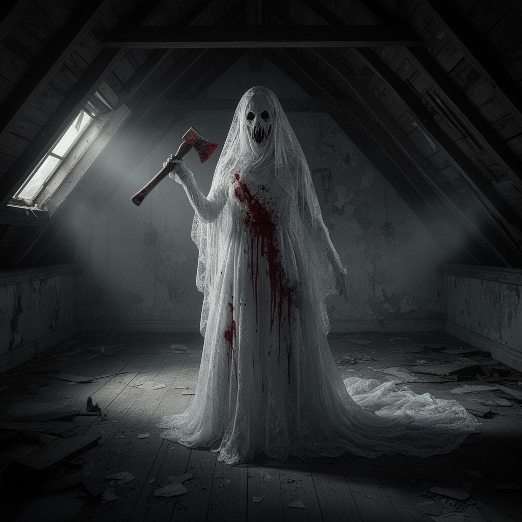 Ghost bride with hatchet in haunted mansion attic