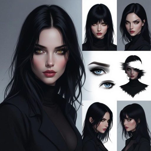 Show character head to toe. Create mysterious woman jet-black hair is cut sharpand her eyes seem to pierce through darkness. A shadowy aura clings to her form,