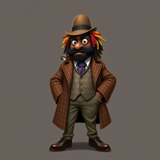 Create a funny serious fat character similar to Sherlock Holmes, but make him of black decent and with dread locks. Show his whole outfit including his shoes.