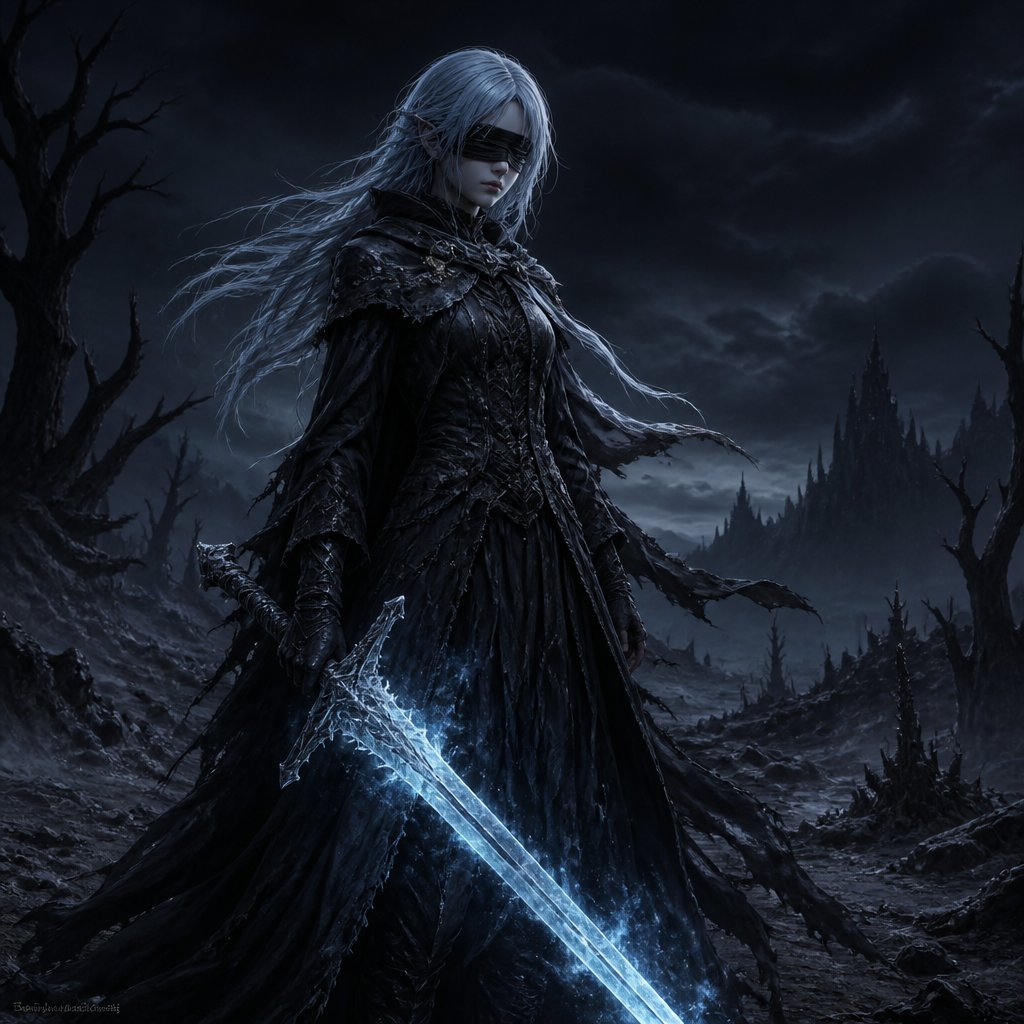 blindfold light blue hair ice sword