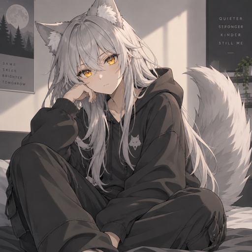 A teenage werewolf, with silver wolf ears and tail, golden eyes, wearing a hoodie and pants, long silver hair