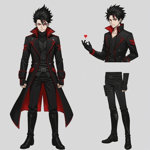 Please create a man, crimson red piercing eyes, sharp smirk, black hair in a mullet like hair style. Strong cheekbones but not too strong. Muscles but not too strong, wears a black coat with crimson accents and black leather gloves, let us please see the entire body