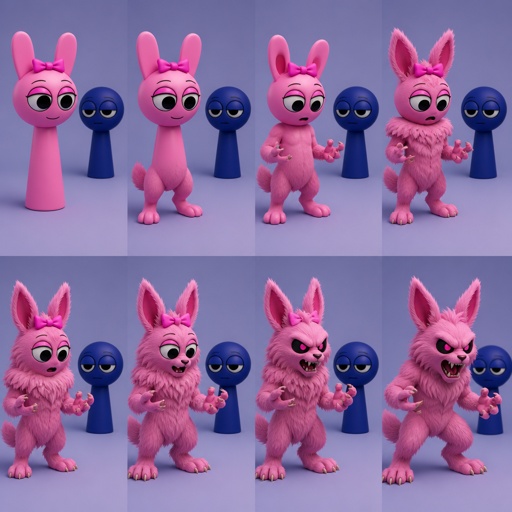 Pinki from sprunki starting to turn into her kind Wererabbit self in front of Jevin from sprunki with her legs and tail transforming and then her arms and then her ears and her neck gets fluffy and then she’s fully transformed with her eyes being black and pink