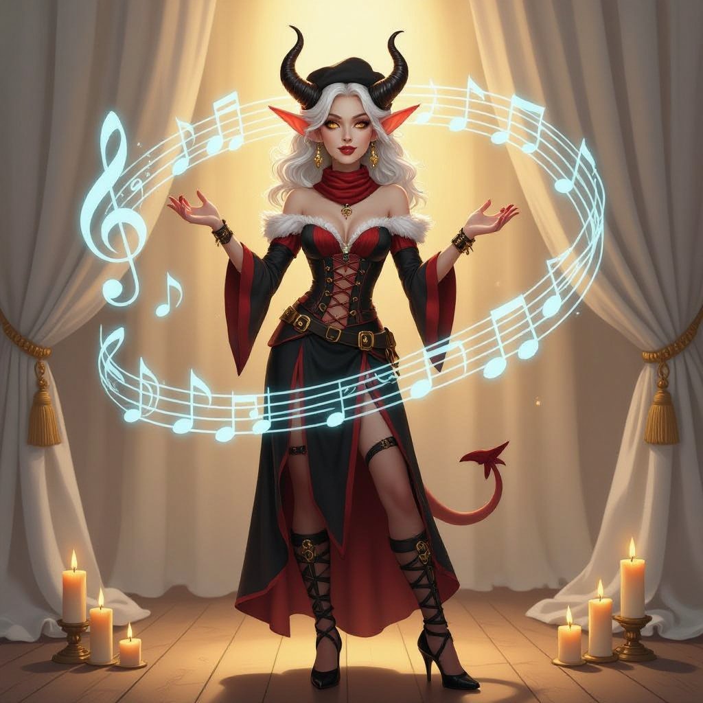 A semi-realistic fantasy portrait of Evangeline Ivey, the Fierna Tiefling Bard of the College of Glamour, captured mid-performance on her candlelit stage.  She stands full-body beneath soft golden light, ivory curtains draped behind her, and glowing blue musical notes spiraling through the air as if alive with her magic. Her porcelain-pale skin (#F3EDEB) gleams in the warm light, contrasting against her long silver-white hair (#D6D6DA) cascading around her shoulders. Her amber-gold eyes (#C88C21) are wide with theatrical expression, her mouth open in mid-song or gasp. Dark brown ridged horns (#4A3A2C) curve elegantly from her brow, and her pale devil’s tail curls behind her, tipped red-and-black like an exclamation mark of performance.  Outfit — “Infernal Mime” Parody Costume: • Black-and-deep-red striped bodice with suspenders and gold buckles • Short flared skirt trimmed with faint gold edge • Matching striped thigh-high stockings and long fingerless gloves • Red silk neck scarf tied neatly at her throat • Black heeled shoes and beret with her horns peeking through  Scene & Lighting: Warm candlelight and soft shadows create a theatrical glow across the stage floor and her form. The air is alive with faint magical motes shaped like music notes, curling around her in shimmering blue light.  Mood & Expression: Expressive, whimsical, and dramatic — a parody of classic mimes infused with bardic flair. Evangeline’s pose is mid-gesture, both hands raised as if she’s frozen between song and spell, her eyes alight with mischievous emotion and glamourous command.