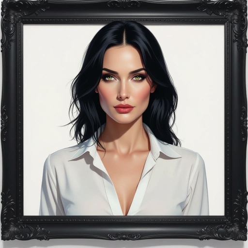 Show character head to toe. Create a mid age mysterious woman jet-black hair is cut sharpand her eyes seem to pierce through darkness. A shadowy aura clings to her form,