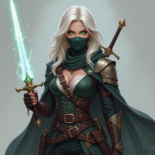 5’7” tall blonde hair almost white bright green eyes human keeps face covered 130 lbs Ghost form tattoo on right arm Duel wielding crystal rapier blades rouge pirate captain