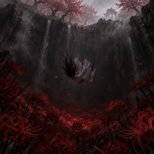 Person falling from a Cliff Deep into a pit Full of red spider-lillies , blooming trees on top of the Cliff, the person has Long hair which covers the head (because he is falling)