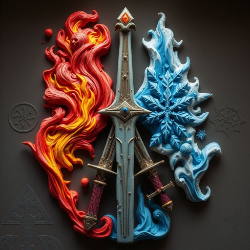 2 swords crossed no human with fire and ice coming from them