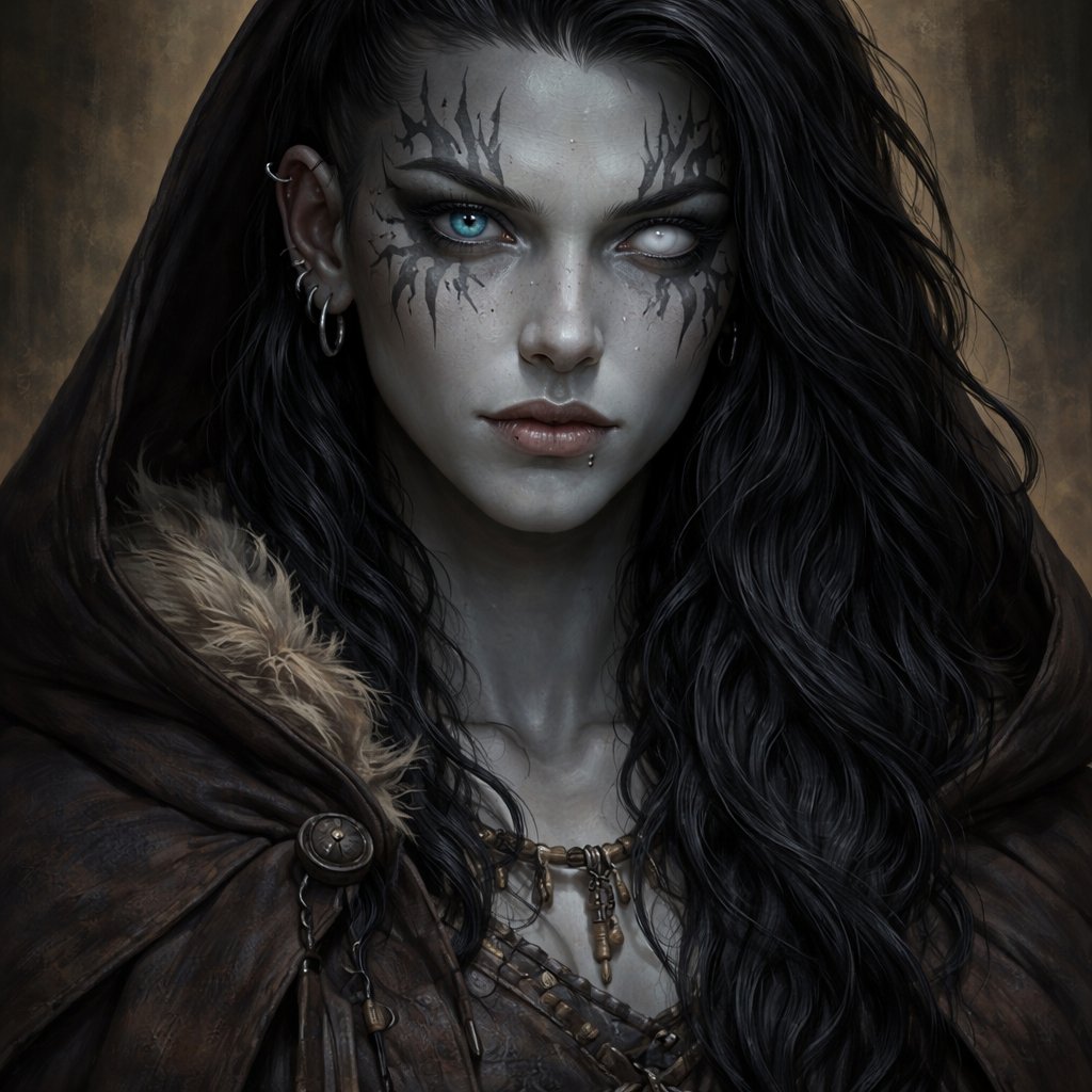 A female goliath from dnd with grey skin, the right eye is dark blue and the left is completely fogged over she is blind in the left eye. Her har is black and she is a rouge. She has two tattoos that start at a point under her eyes and goes into her hairline. She is 20 and wears a bit more clothes, she is probably wearing a cloak but the hood is not up and she looks androgynous