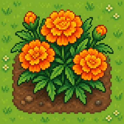 Marigold plant for a fantasy game set in modern times, top-down style,