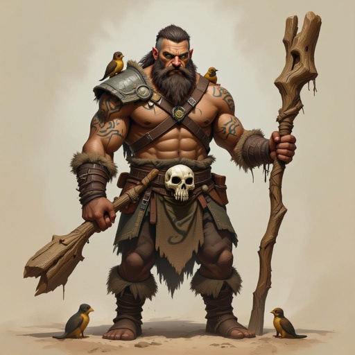 Kael the Beastbound – A rugged, broad-shouldered man with brown skin and a rough beard, wearing armor made from bone and leather. deep green eyes tattoos of animal tracks spiral down his arms. He carries a massive wooden staff carved with the shapes of beasts, and small creatures often perch on his shoulders or follow at his feet.
