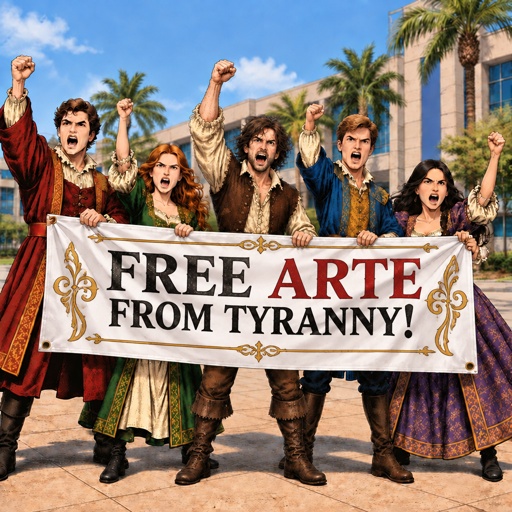 a group of people holding a banner that says free art from tyranny