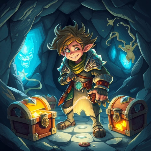 Cave room full of magical blue treasure chests