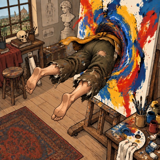 a painting of a person laying on a easel
