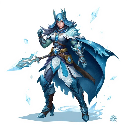 Create a battle woman hero called Alvara the Frostheart. Show full body head to toe including shoes