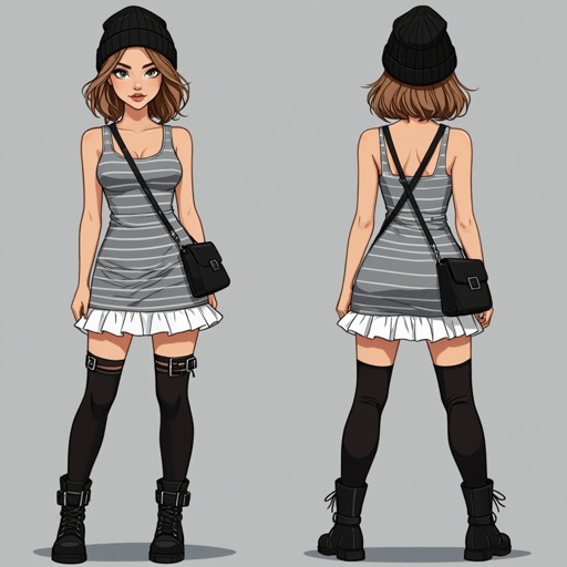 Light Brown Short Hair Babe Striped gray tank dress with white ruffled mini-skirt, thigh-high socks, chunky black buckle boots, black beanie, and cross-body bag — casual goth-punk streetwear.
