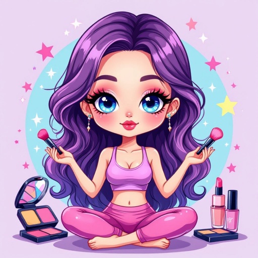 Create a chibi character mid 30’s lady who is the meditating with makeup stuff