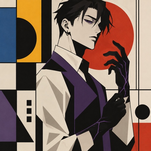 Male, slim, black messy hair, back hair, brushed side hair, strands of hair in the middle of forehead, ear piercing ring, gloves, purple glowing veins, purple vest, white shirt, no facial hair, bad guy,