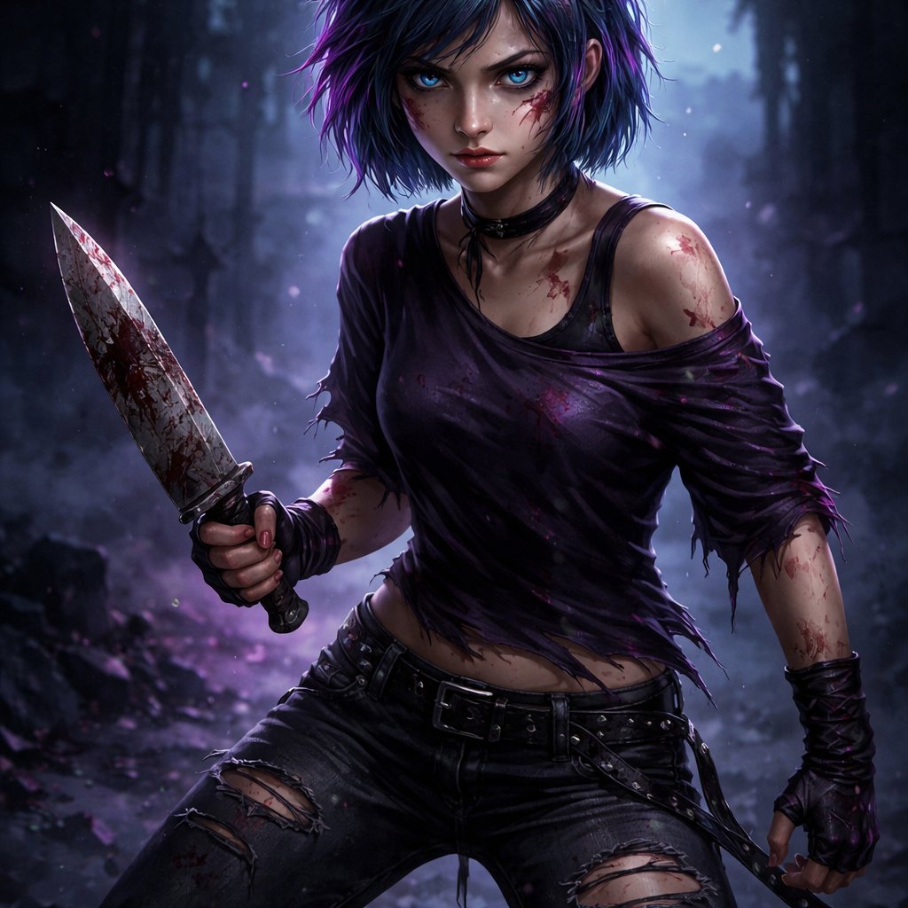 A 17 year old girl who has short blue hair with purple and pink stripes and has blue eyes. She is wearing a purple shirt and jeans. She looks strong and is holding a knife.