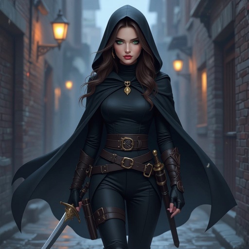 Human woman. Brown long hair and green big eyes. She wears a black cape. A wear black turtleneck and black pants. She has a belt on which he carries daggers and swords. She wears high, heavy boots. She carries a short sword. She has a long sword on his back. She wears a hood. It's night. A dark alley. The screen is from below. A woman approaches us. A cold expression appears on her face. An amber necklace gleams around her neck. She wearing black armor. The woman is pale. She has a delicate beauty. Her eyes are painted black. She looks menacing. pale complexion. Shes not beautifull. She have 25 years old.