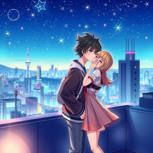 Create a picture of a boy and a girl kissing on a rooftop at night. In the city