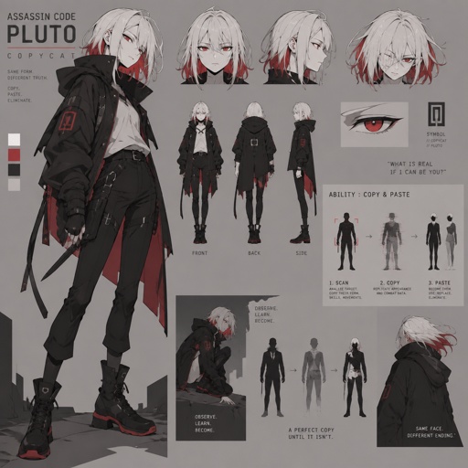 assassin name code pluto, copy cat, copy and paste ability, white hair red on the inside