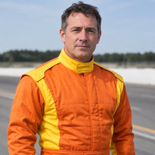 A middle aged man in a orange and yellow racing uniform with no logos or sponsors 