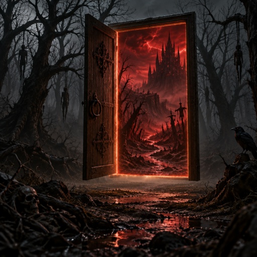 A dark forest that has dead trees and looks eerie. There is an open door floating three inches off the ground. Through the doors you can see another forest with dead trees and looks deadly. The sky in the door is a dark red with light red lighting and in the distance you can see a castle.