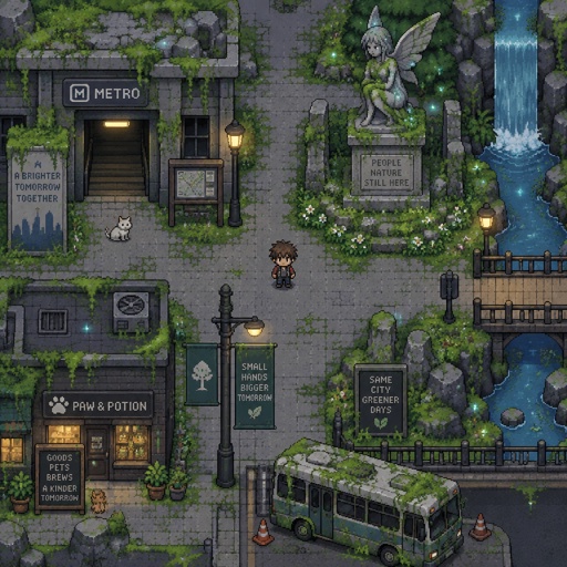 Fairy moss faintly sparkling moss on rocks and old buildings for a fantasy game set in modern times, top down style
