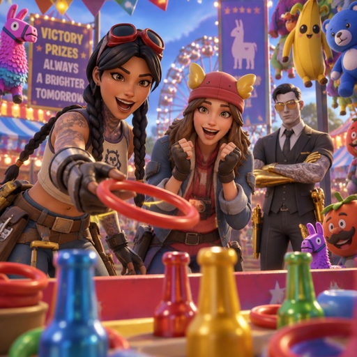 Jules from Fortnite and Skye from Fortnite playing carnival game, excited, Midas from Fortnite in the back arms crossed