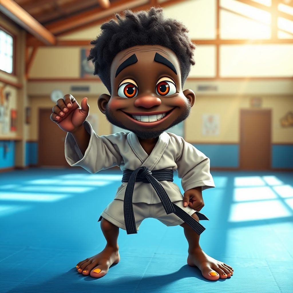 Create a character who looks like a funny African karate guy who doesn’t have a clue what he is doing. Make him have weird toes, only speedos on and a black karate belt.