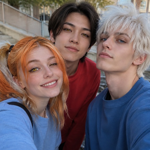 Female, smile, yellow eyes, orange and white messy pigtails, short, wears blue, one droopy eyelid, Male, smile, Asian, neck length black hair, yellow eyes, eyeliner, wears red casual clothes, small mouth, Male, fluffy white hair, big blue eyes, long smile, snobby, wears blue,irritated 
