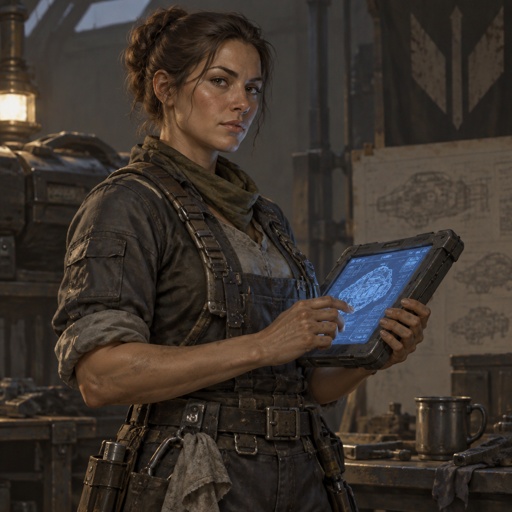 Woman, practical clothes, hair tied for a board. Tablet with a 1945 manual or a cuff-sized coil. Precise face, moral without being soft. Hands that can kill a shield and retune it. Kinship is not in the costume. Fortiche painted, real cloth, sodium or workshop light.