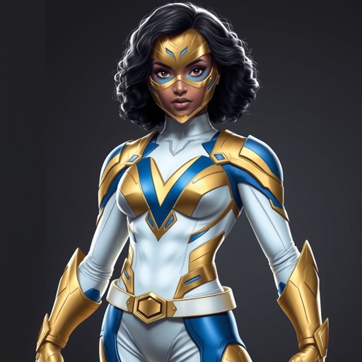 A teenage African American female with shoulder length curly hair in a side part style superhero wearing an armored MASK and a slightly armored white and gold suit with white pants and blue accents and a stylized V as her chest emblem a utility belt and gold boots