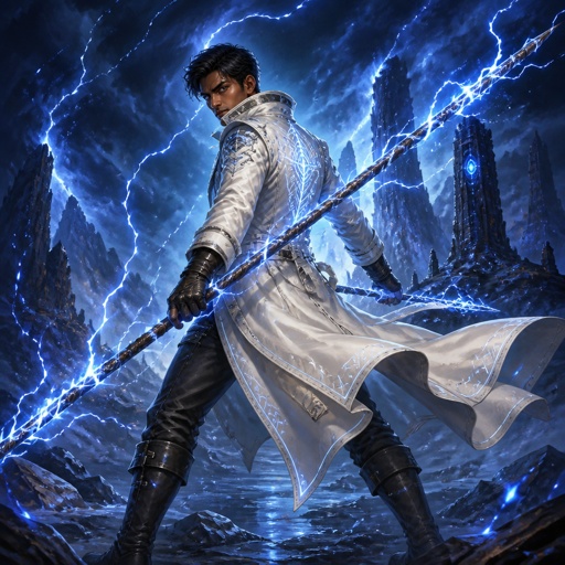 Young brown skinned man with brown eyes and short straight black hair with white leather trench coat and blue with lightning bolt along it quarter staff style cross black boots and gloves 