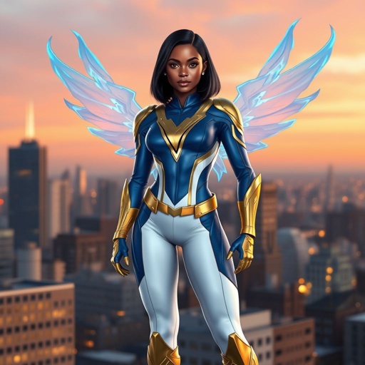 A young African American female superhero with shoulder length hair in a side part style wearing a blue and white suit made of spandex like material that’s slightly armored with gold accents with white pants and gold boots with a stylized V as her chest emblem with wings made of blue fire standing on a roof in a Philadelphia at dawn