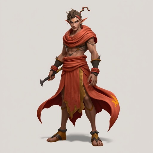 Create handsome hero Rhen the Fire – A lean, muscular man. He wears layered, flowing desert robes dyed in warm reds and golds, with scorch marks where flames have licked them. A curved blade hangs at his hip. Show whole body head to toe including her shoes.
