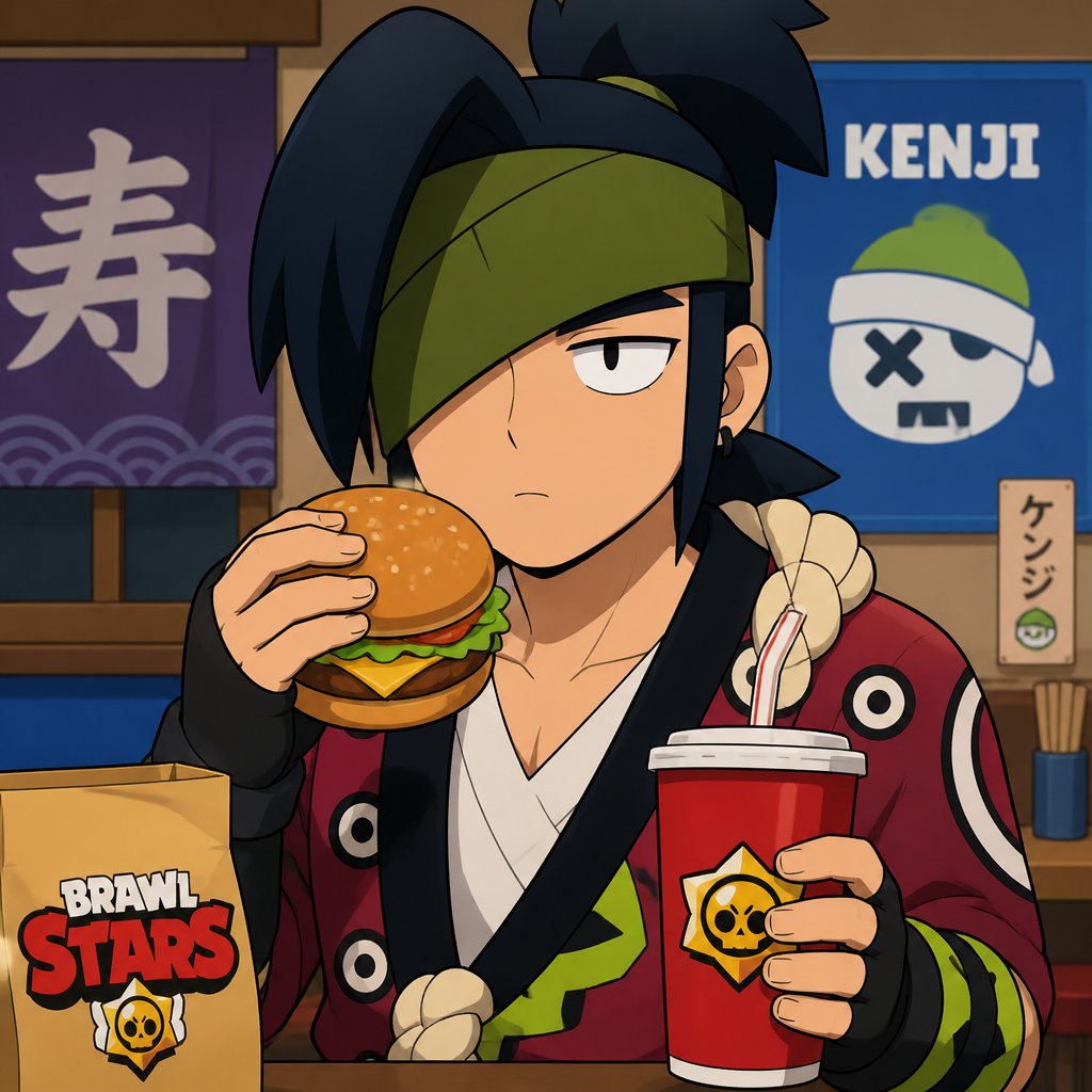 kenji from brawl stars eating a burger while staring holding a soda