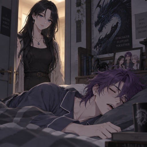 Two siblings, Female name Liz, oldest late 20s, tale, pale, beautiful, very calm expression, mysterious, black long curtain bangs hair style, bright blue eyes, wearing nice casual dress wearing jewelry,male, name Ward, he’s and agent and experiment mid child,middle 20s, made to be weapon, highly skilled, emergency backup case he gets out of control, hair violet messy bun, clean shaven, sharp teeth, dark power,Liz entering wards room to wake him up,ward in his pajamas past out on bed,his hair down to neck and messy,a picture of him and his older sister and young sister,tired from and agency mission he had,has a poster with a dragon on it