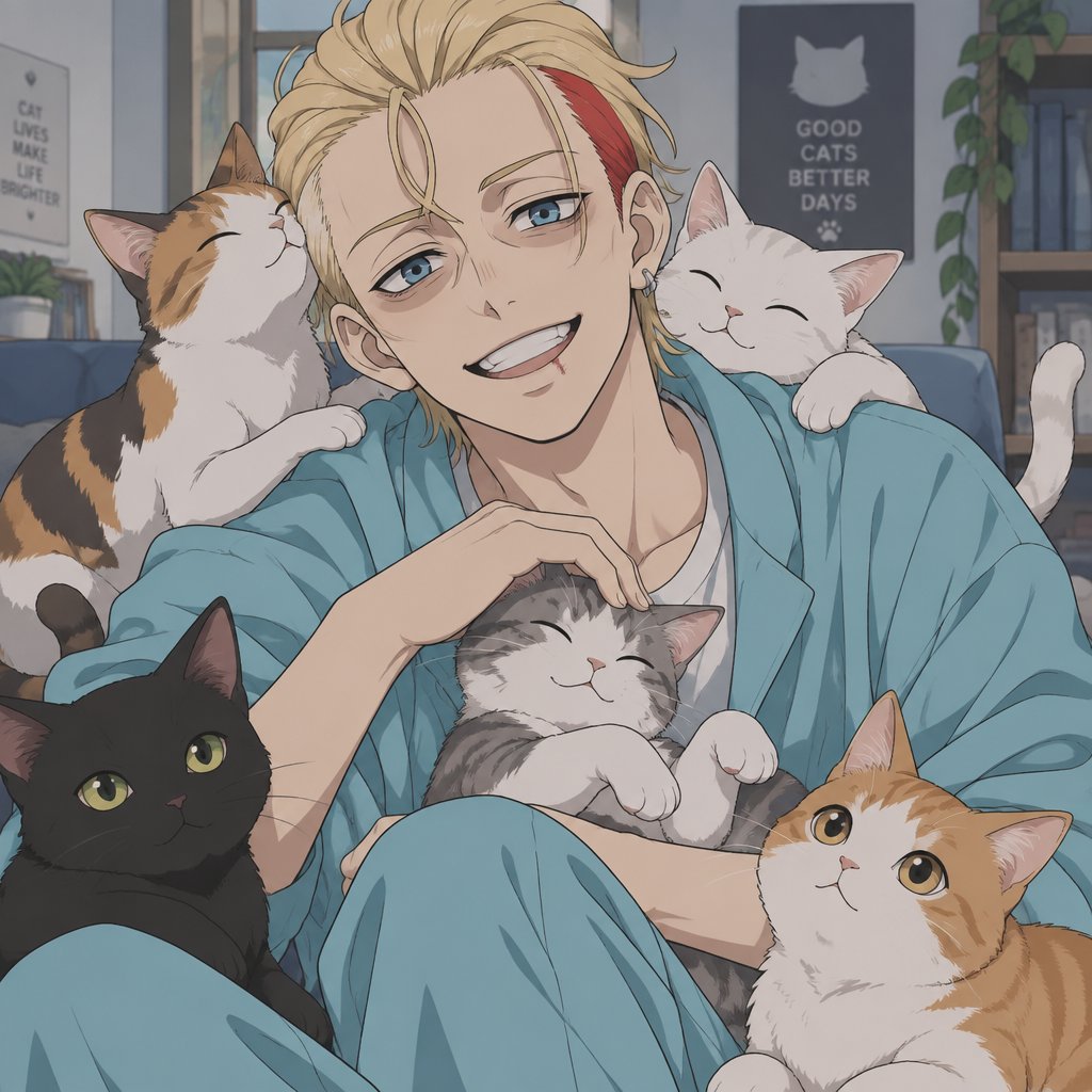 Male, blonde greased brushed back hair, curl on forehead, red streak in hair, scar on lip, blue eyes, eye bags, happy, slim, designer, cyan casual clothes, multiple cats